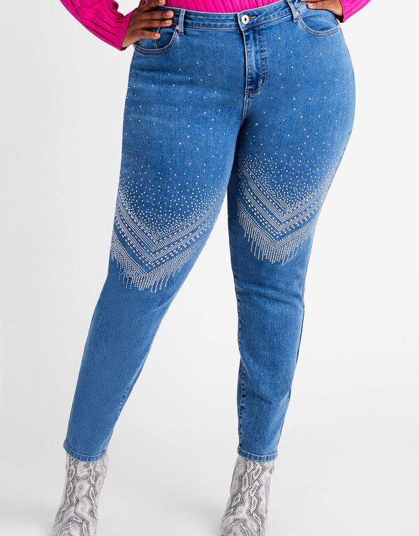 Crystal Embellished Skinny Jeans, Medium Blue image number 0