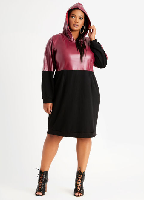 Colorblock Faux Leather Hoodie Dress, Burgundy image number 0