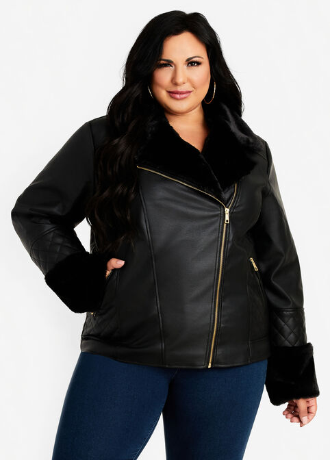 Quilted Faux Leather Moto Jacket, Black image number 0