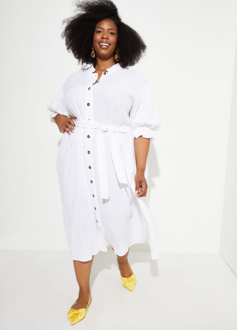 Belted Cotton Gauze Midi Dress, White image number 2