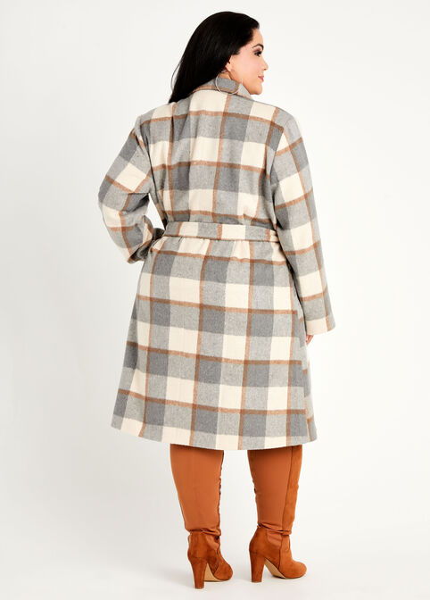 Belted Plaid Double Breasted Coat, Heather Grey image number 1