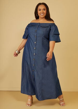 Tiered Chambray Maxi Dress, Denim Blue image number 0