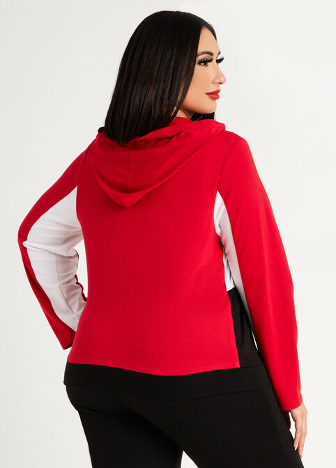 Colorblock Knit Athleisure Hoodie, Red image number 1