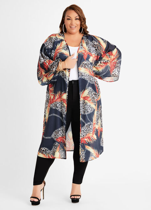 Printed Crepe Kimono, Peacoat image number 0