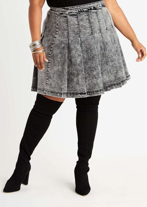 Pleated High Waist Denim Skirt, Black image number 0