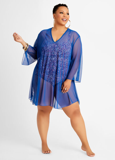 Mesh Flare Sleeve Swim Cover Up, Purple image number 0