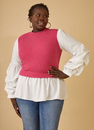 Ruched Paneled Ribbed Top, Pink Peacock image number 0