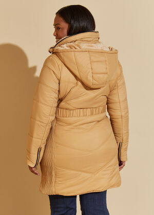Ribbed Paneled Hooded Puffer Coat, Gold image number 1