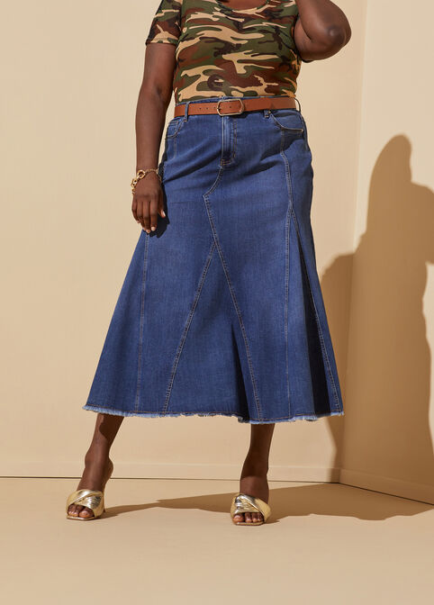 Frayed Stretch Denim Maxi Skirt, Medium Blue image number 1