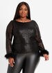Sequin Boa Cuff Sheer Sleeve Top, Black image number 0