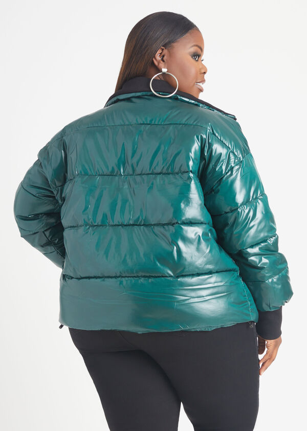 Knit Trimmed Glossed Puffer Jacket, Green image number 1