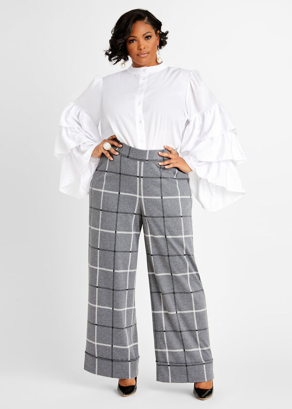 Plaid Cuffed Wide Leg Pull On Pant, Grey image number 2
