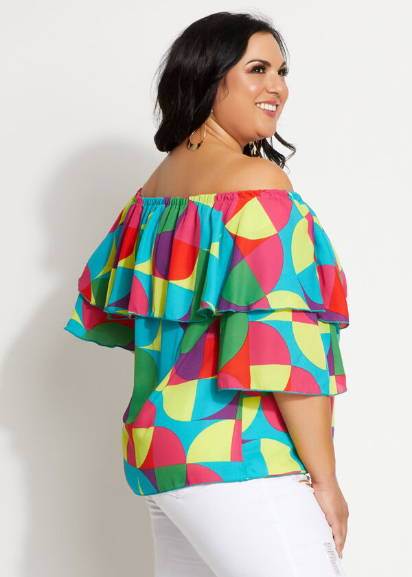 Plus Size Multicolor Geo Off The Shoulder Flared Sleeve Summer Top