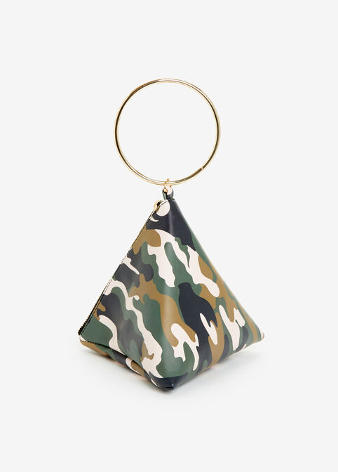 Camo Faux Leather Pyramid Bag, Military Olive image number 1
