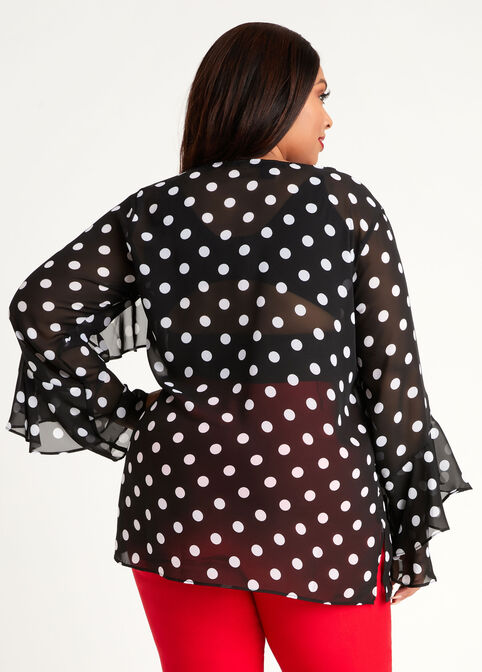 Dot Woven Ruffle Flare Sleeve Top, Black White image number 1