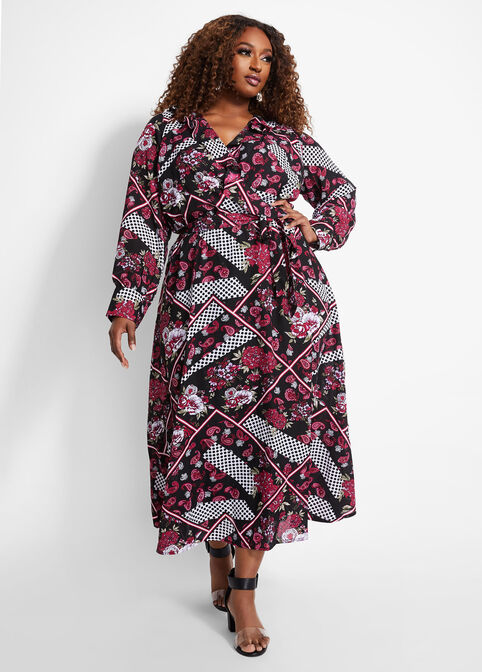Belted Mixed Print Wrap Maxi Dress, Multi image number 0