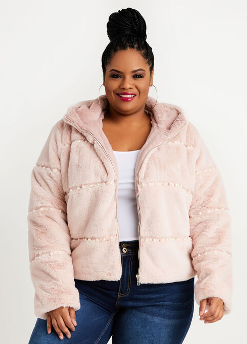 Plus Size Faux Fur Pearl Embellish Cozy Chic Hooded Luxe Designer Coat image number 0