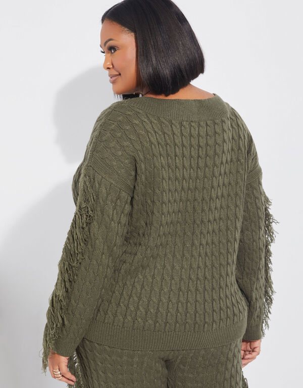 Fringed Cable Knit Sweater, Deep Depths image number 1