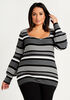 Stripe Sweetheart Neck Balloon Sleeve Sweater, Black White image number 0