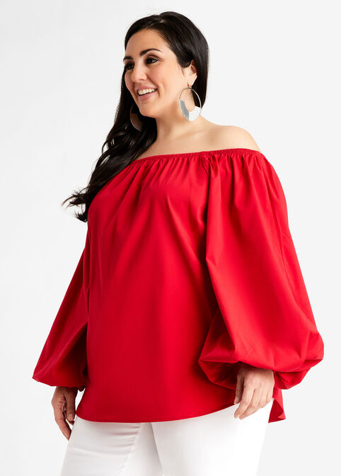 Red Cotton Balloon Sleeve Top, Tango Red image number 0