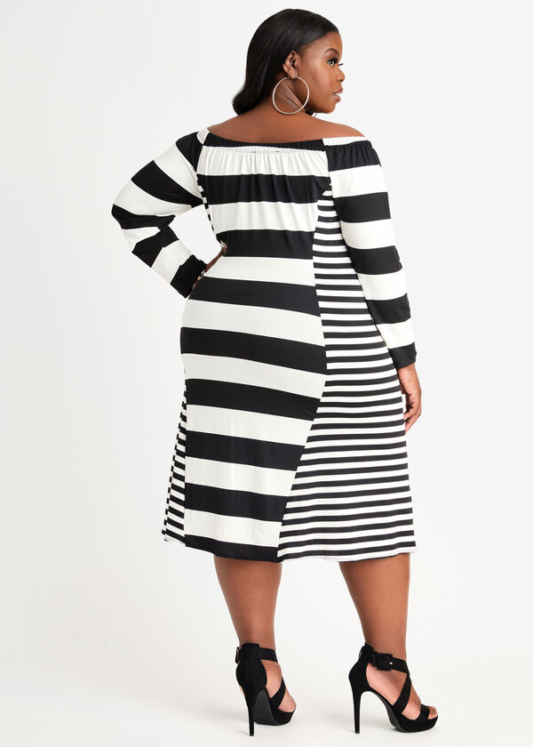 Mixed Stripe Illusion Midi Dress, Black White image number 1