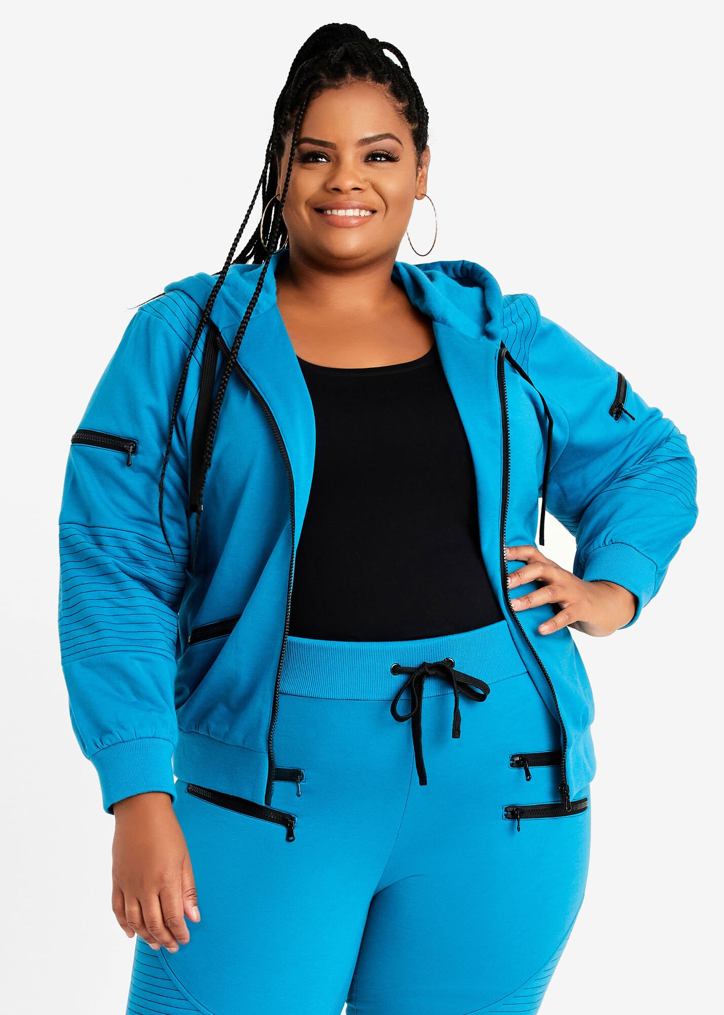 Plus Size Moto Drawstring Hoodie Jogger Two Piece Active Outfit Set