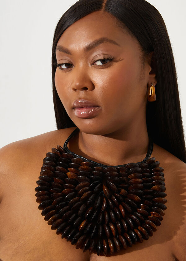 Oversized Wood Bead Necklace, Brown Combo image number 2