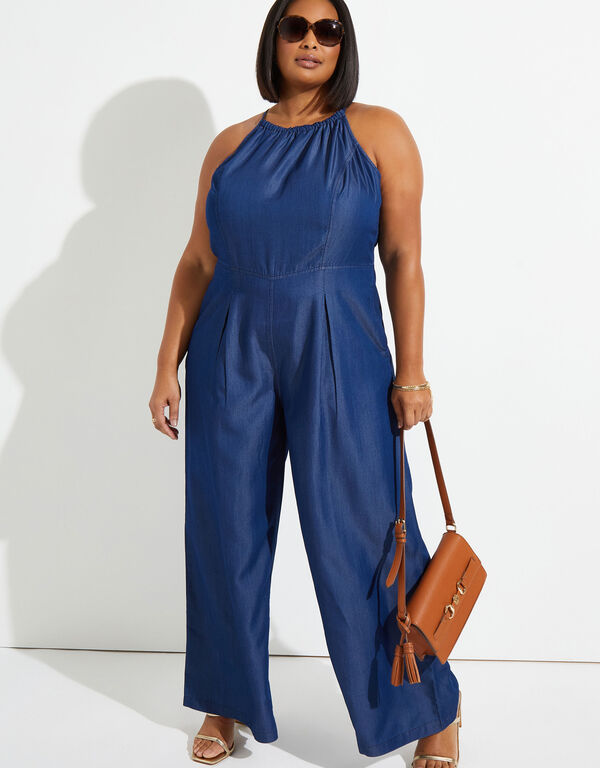 Chambray Wide Leg Jumpsuit, Dk Rinse image number 0
