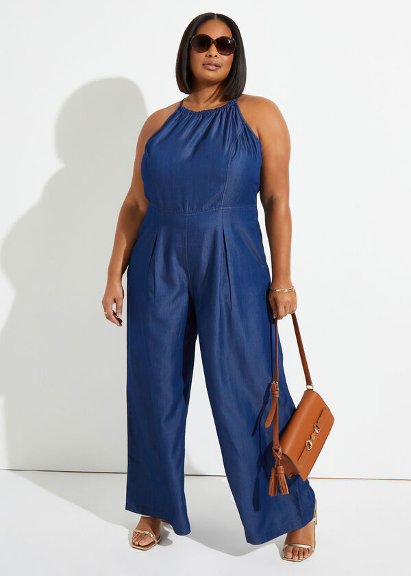 Chambray Wide Leg Jumpsuit, Dk Rinse image number 0
