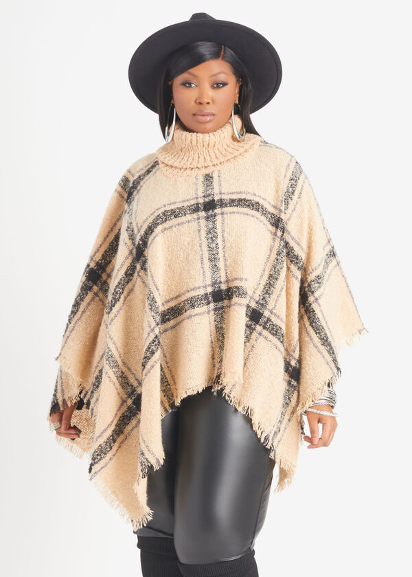 Plaid Knitted Turtleneck Poncho, Camel Taupe image number 0