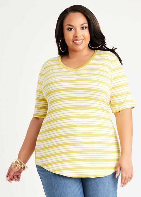 Plus Size Basic Knit Stripe Tops Plus Size Stretch Short Sleeve Tops image number 0