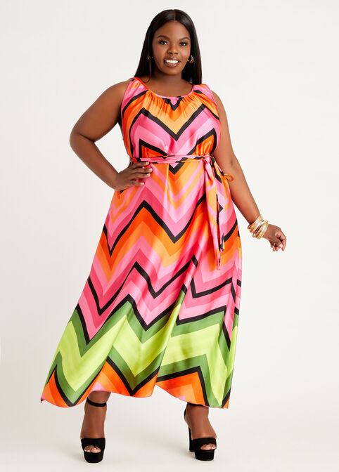Belted Ombre Chevron Maxi Dress, Fandango Pink image number 0