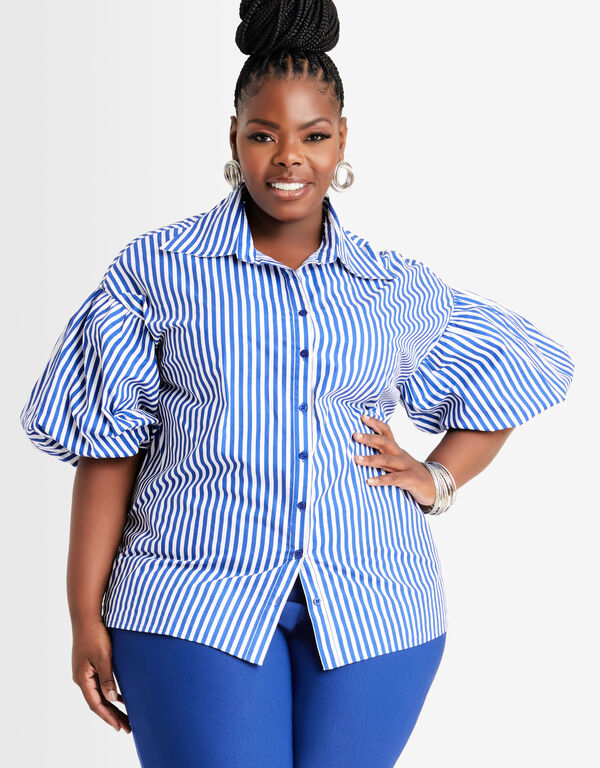 Puff Sleeve Striped Poplin Shirt, Blue image number 0