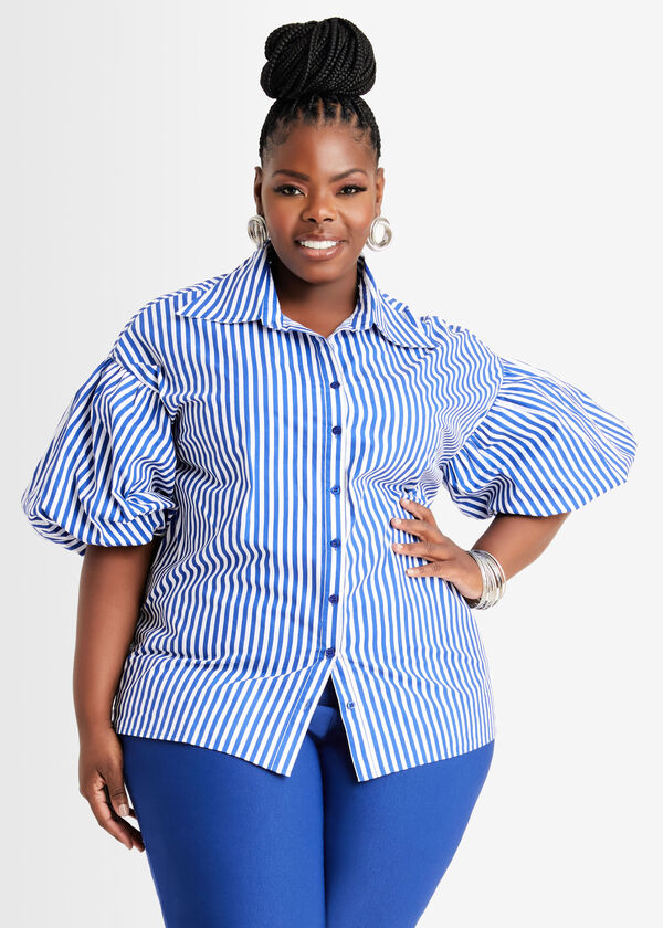 Puff Sleeve Striped Poplin Shirt, Blue image number 0