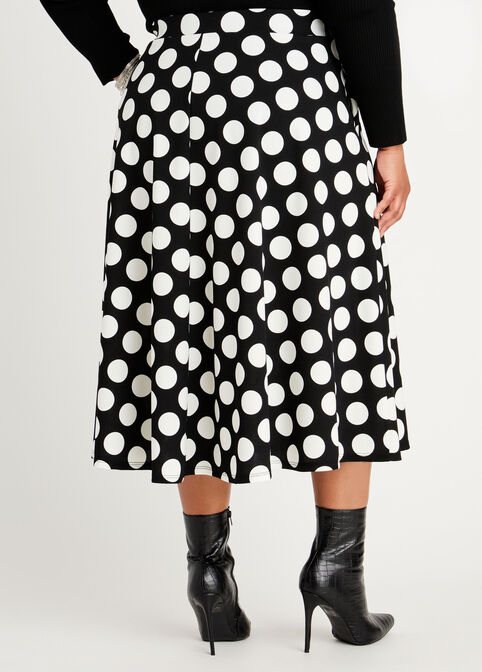 Dot Flared Midi Skirt, Black White image number 1