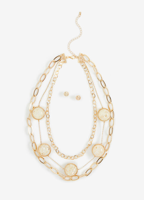Gold Layer Stone Necklace & Studs, White image number 0