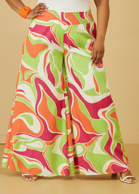 Abstract Print Wide Leg Pants, LIVING CORAL image number 3