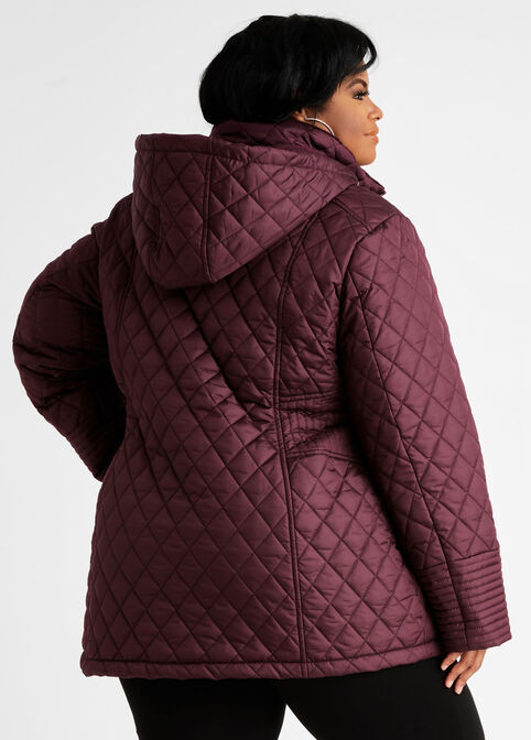 Quilted Faux Shearling Hooded Coat, Burgundy image number 1