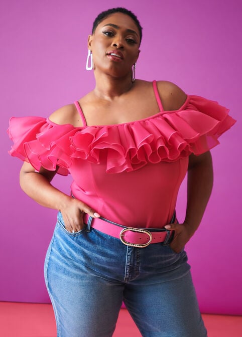 Ruffled Cold Shoulder Top, Pink Peacock image number 0