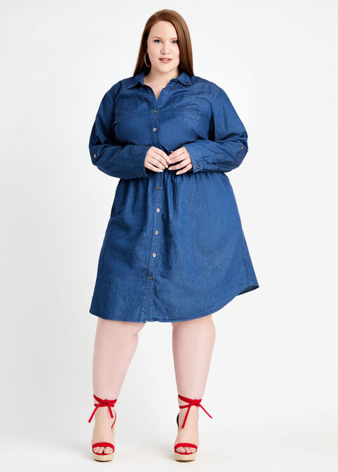 Chambray Cinched Waist Shirtdress, Denim image number 2