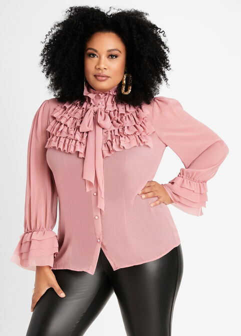 Plus Size Work Bloused And Dressy Tops Ruffle Tie Neck Button Up image number 0