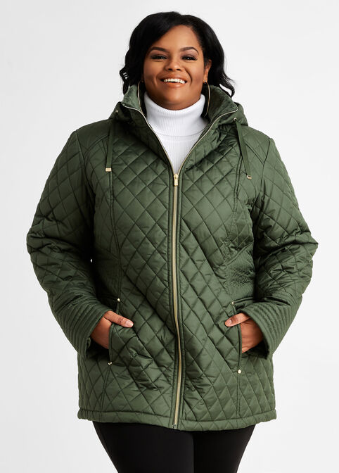 Quilted Faux Shearling Hooded Coat, Military Olive image number 0