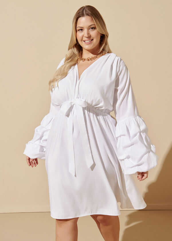 Bubble Sleeve A Line Dress, White image number 2
