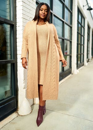 Cable Knit Shawl Collar Duster, Caramel image number 0