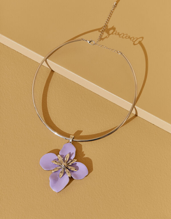 Silver Tone Flower Necklace, Digital Lavendar image number 1