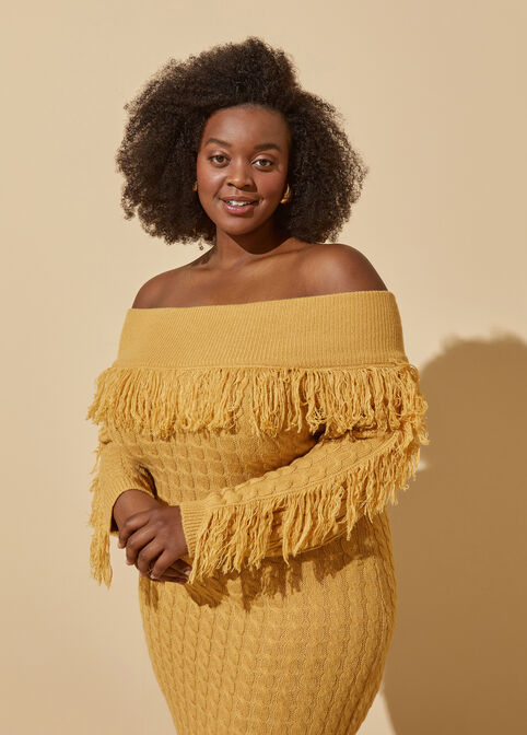 Fringed Sweater Dress, Pale Gold image number 2