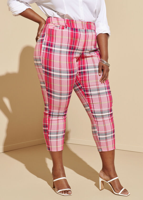 Plaid Tapered Ankle Pants, Bright Rose image number 0