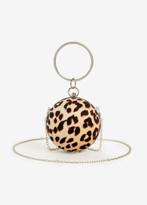 Embellished Leopard Sphere Clutch, Brown Animal image number 0