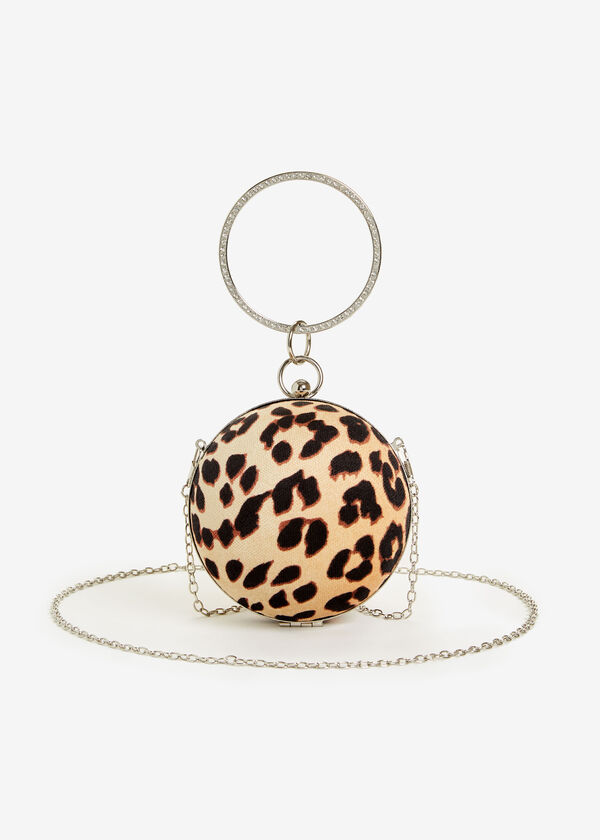 Embellished Leopard Sphere Clutch, Brown Animal image number 0