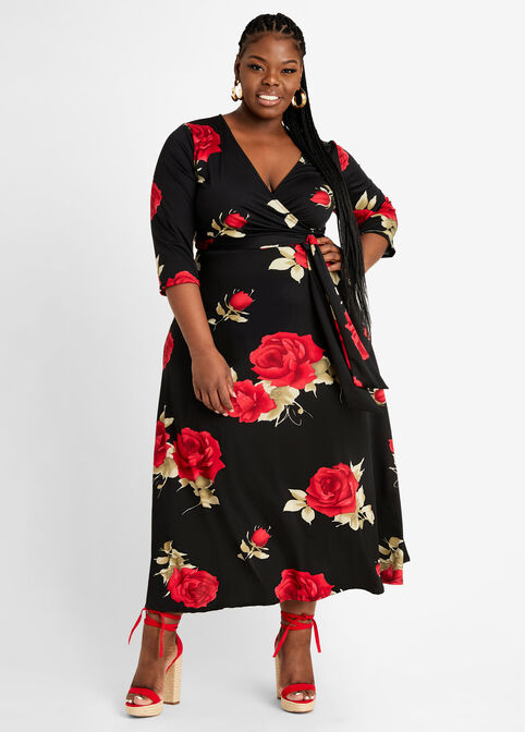 Rose Wrap Knit Maxi Dress, Black Combo image number 0